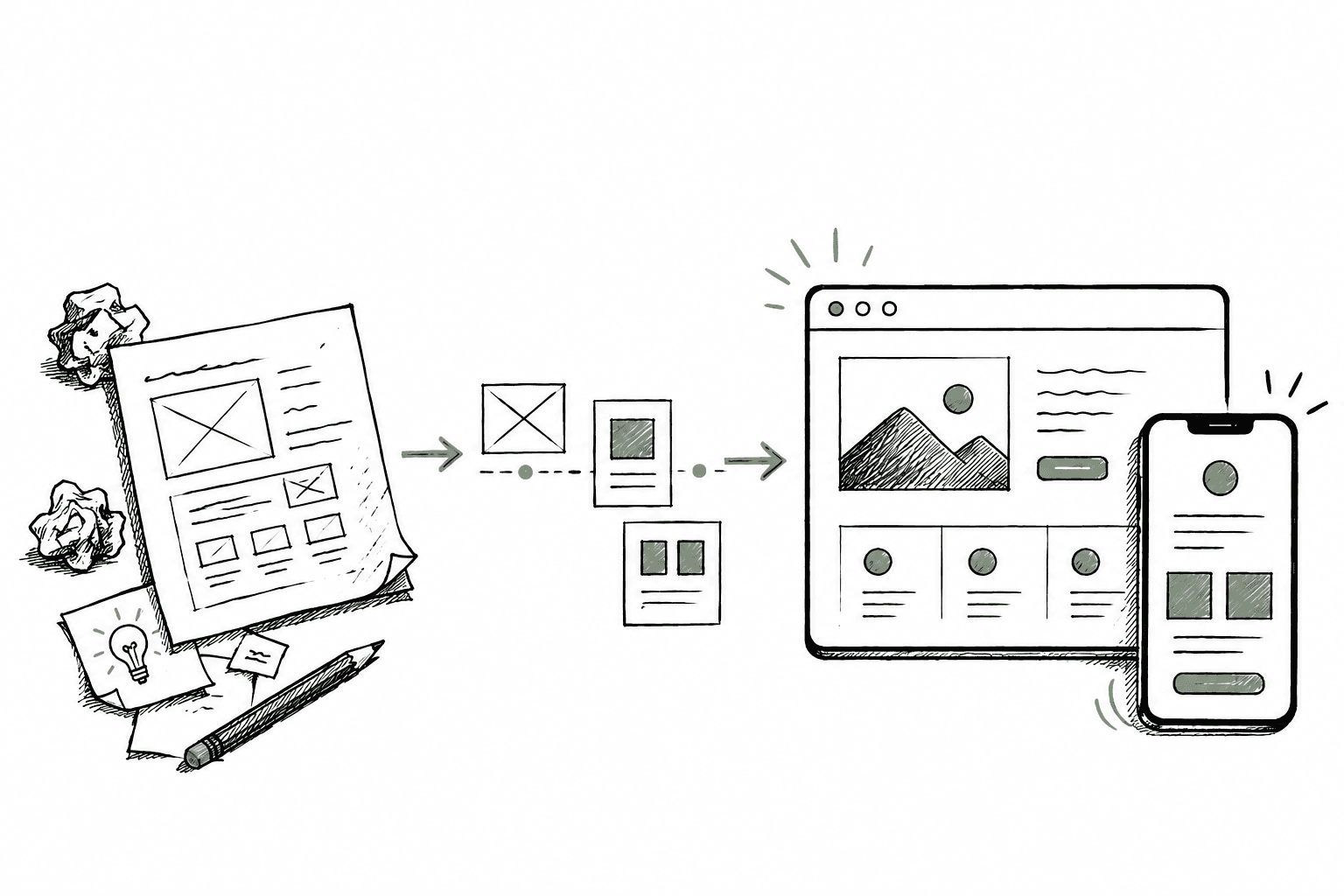 Illustration of a sketch becoming a working website and app