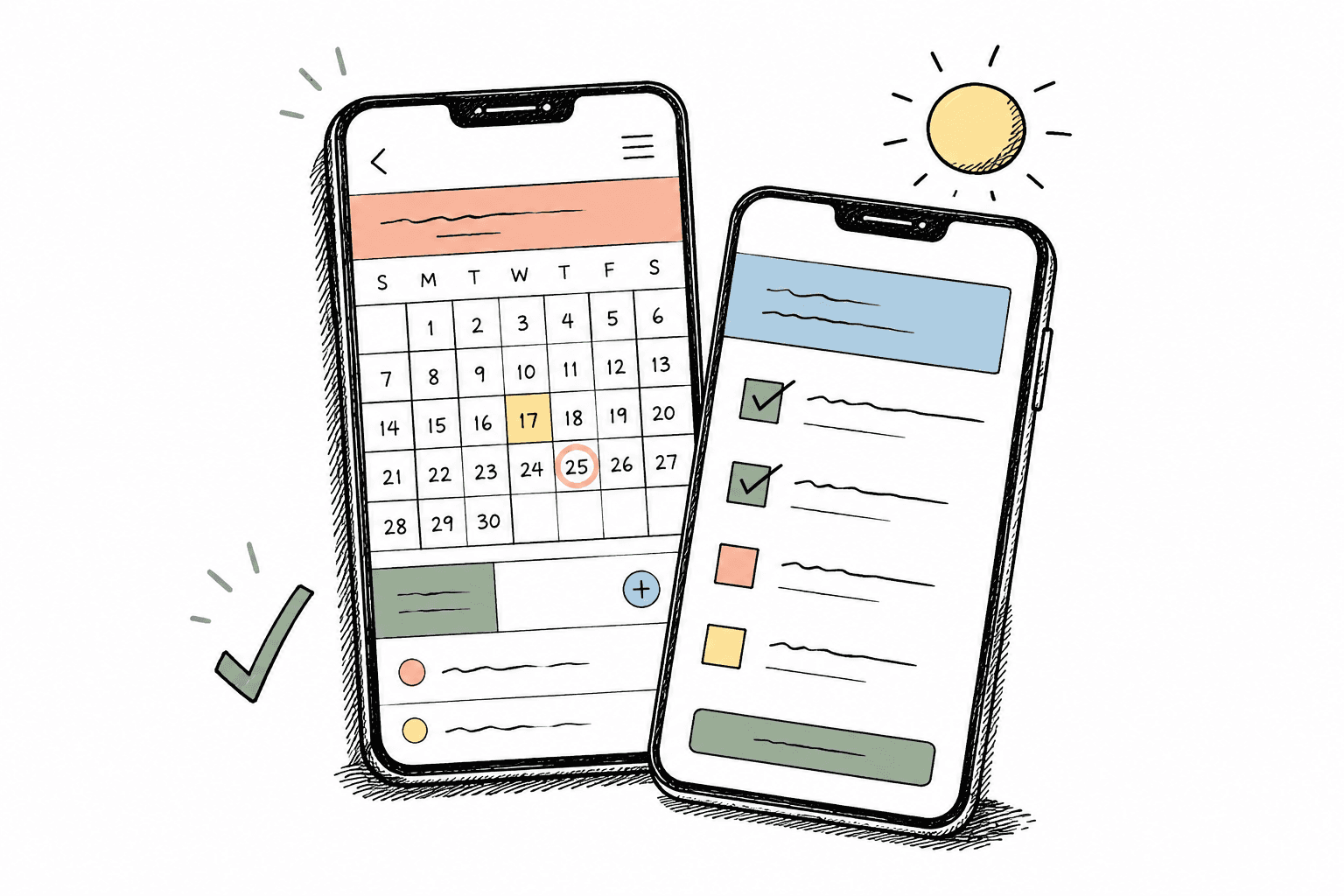 Hand-drawn phone with a colourful calendar and task list