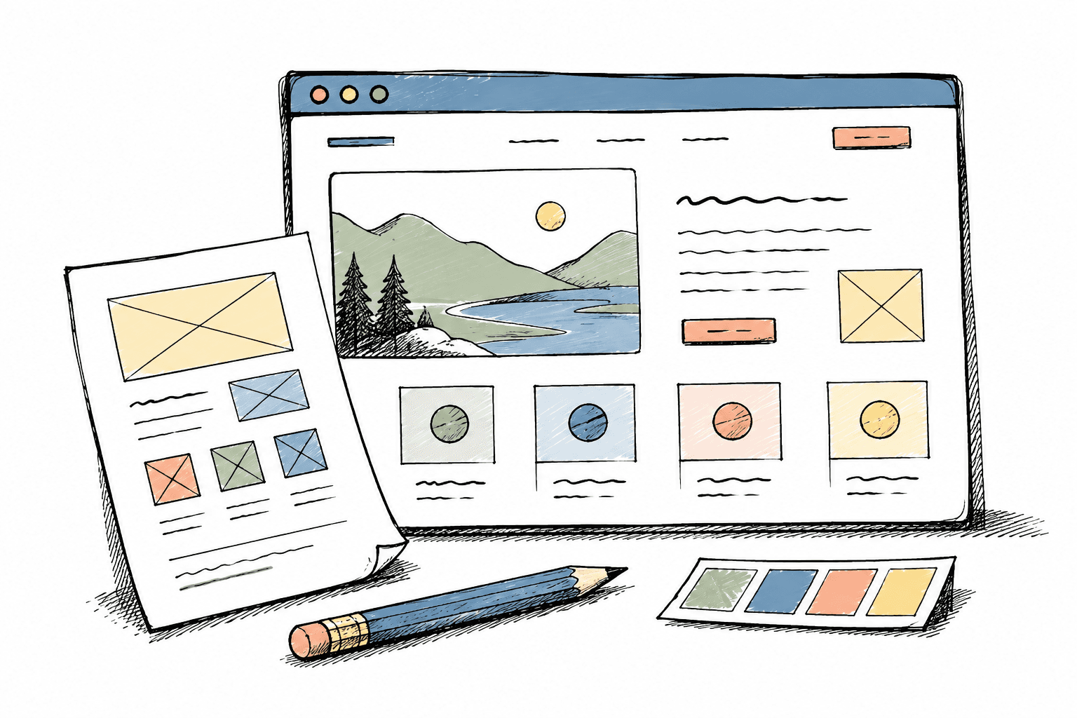 Hand-drawn website, sketches and a blue, yellow and peach colour palette
