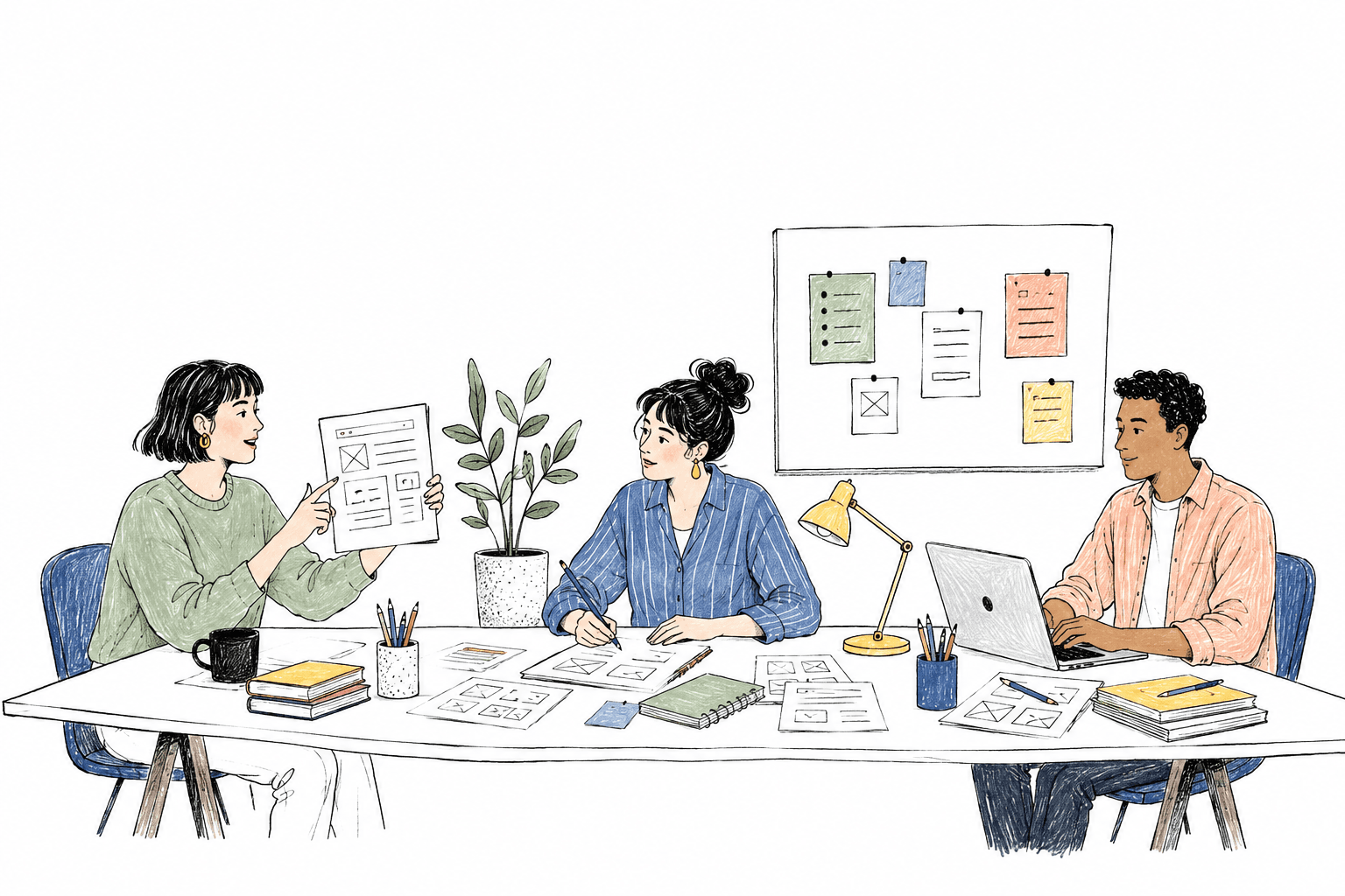 Illustration of a creative team discussing ideas around a table