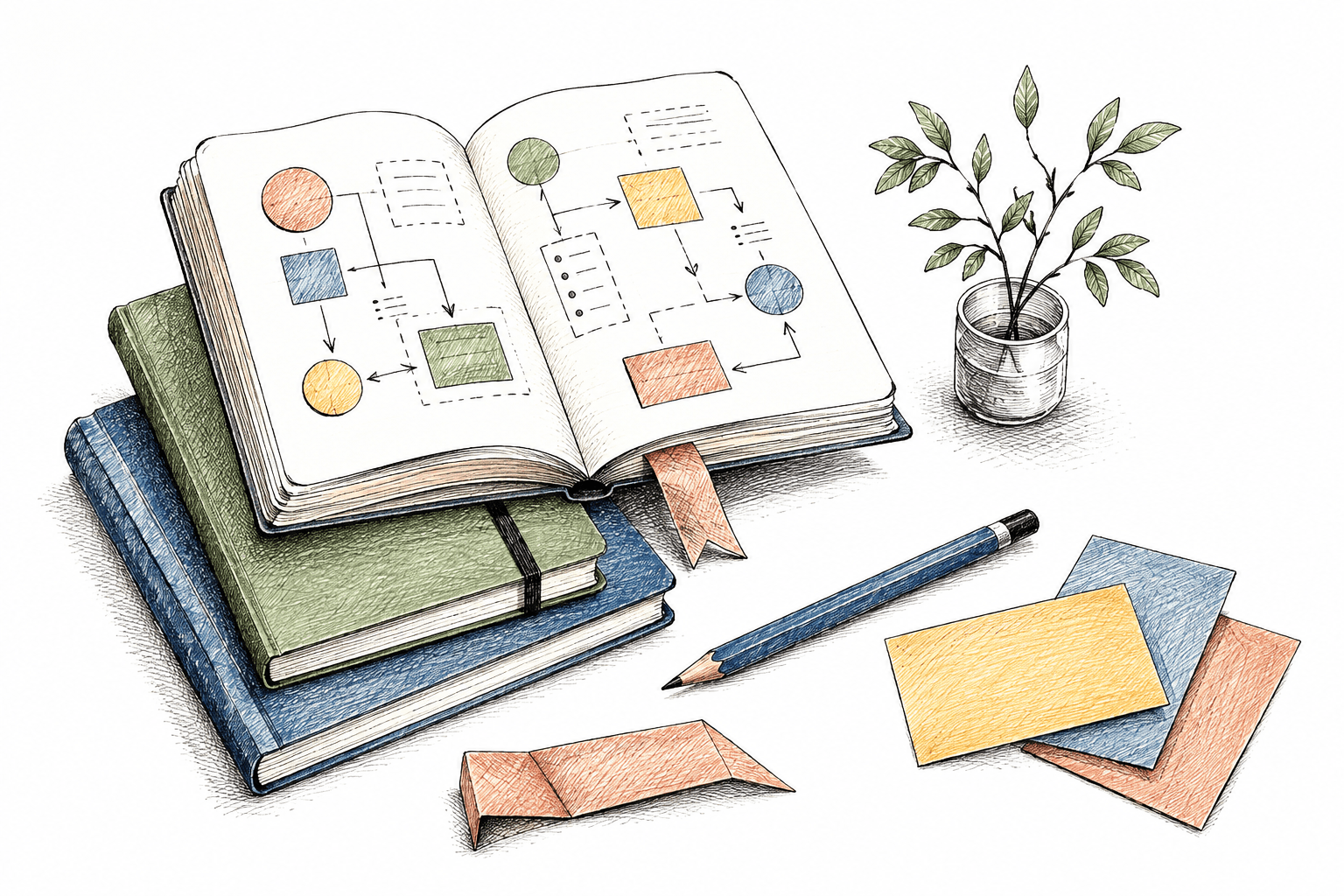 An open notebook with colourful hand-drawn design ideas